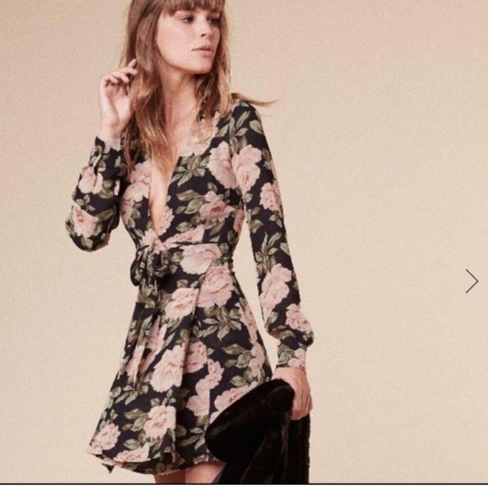 Reformation Black and Pink Floral Long Sleeve Wrap Dress sz XS